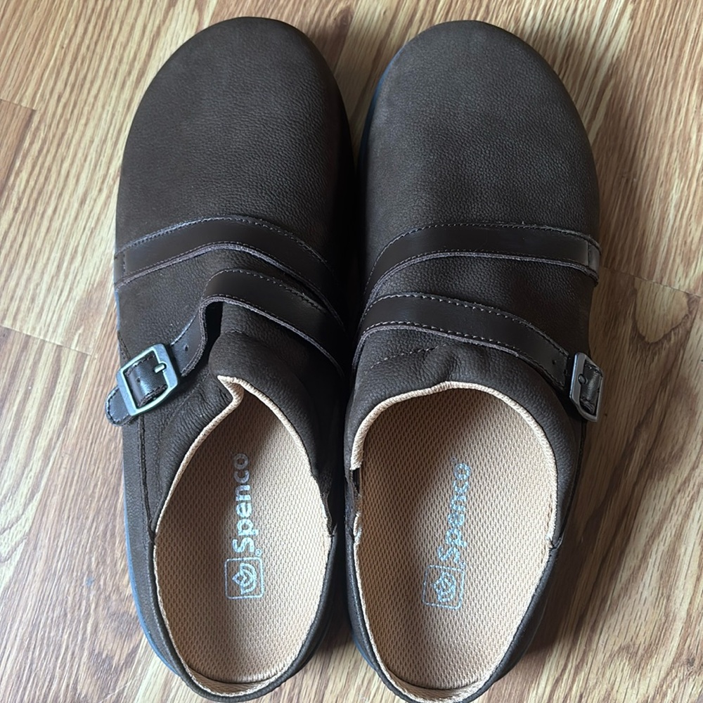 Brown suede slip on shoes by Spenco new never been worn. Size 11W